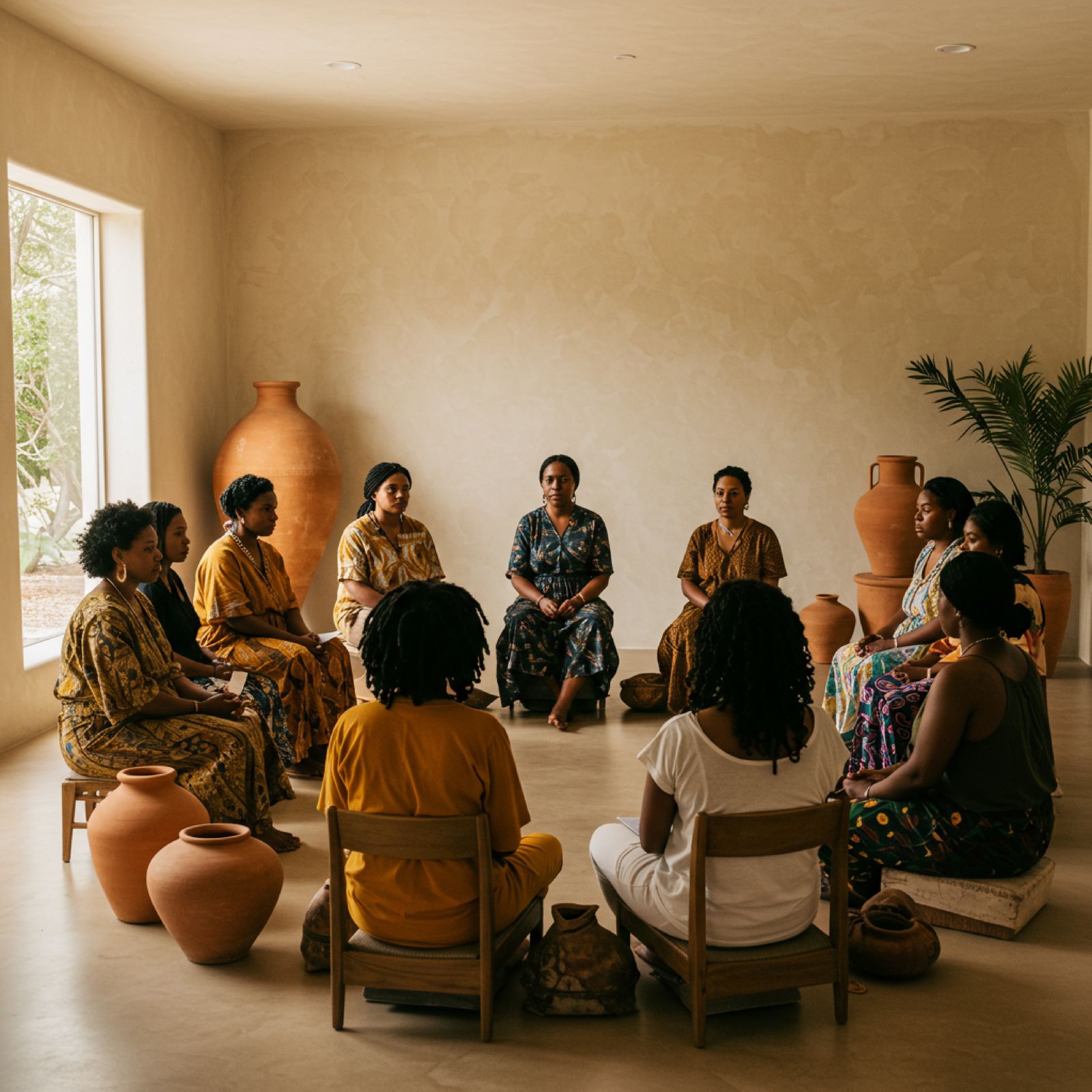 Roda de acolhimento: mulheres negras reunidas em círculo, entre cerâmicas de argila